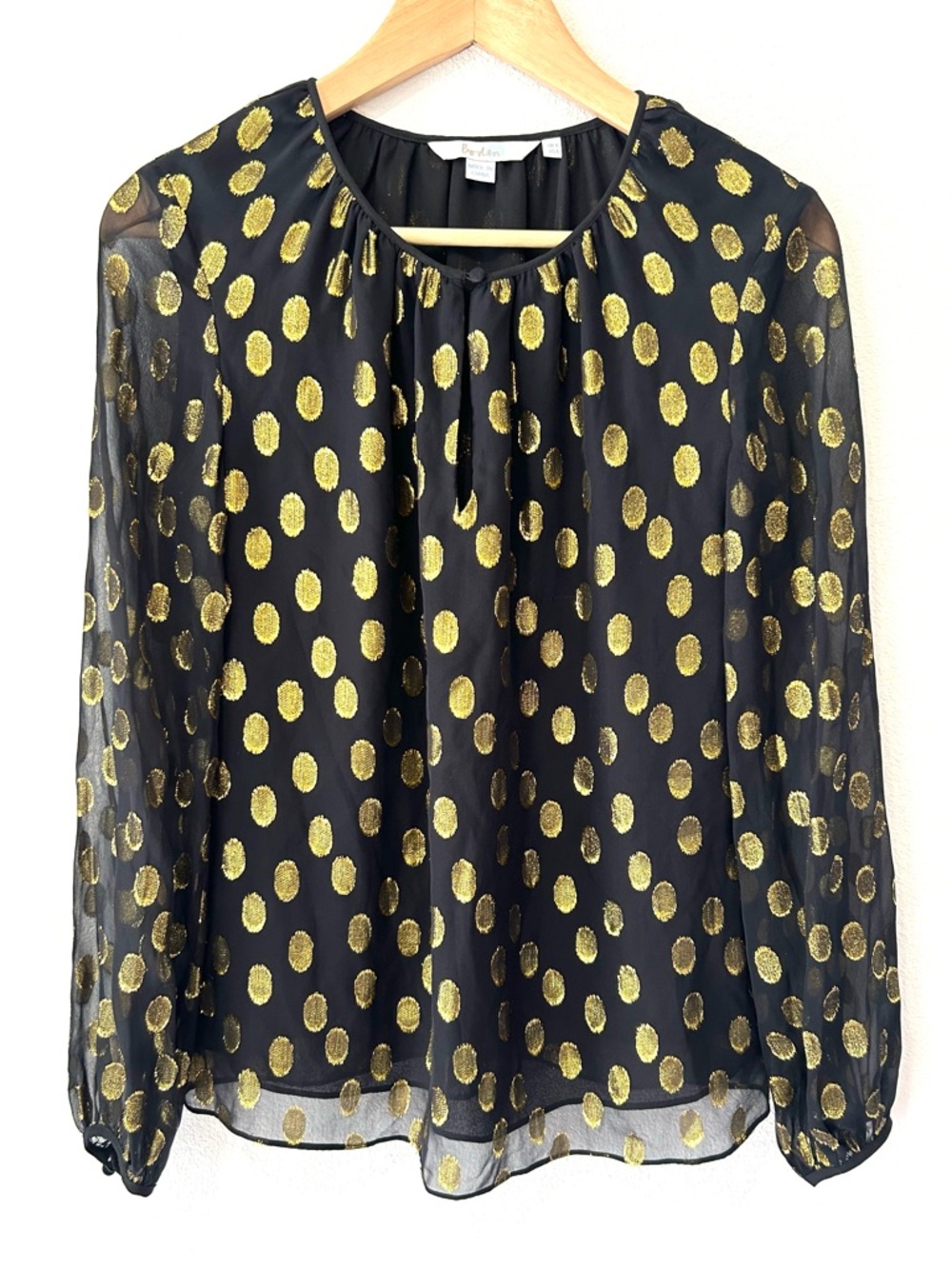 BODEN Gold Foil Polka Dot Silk Blouse Sheer Lined British Preppy Luxury Size 4